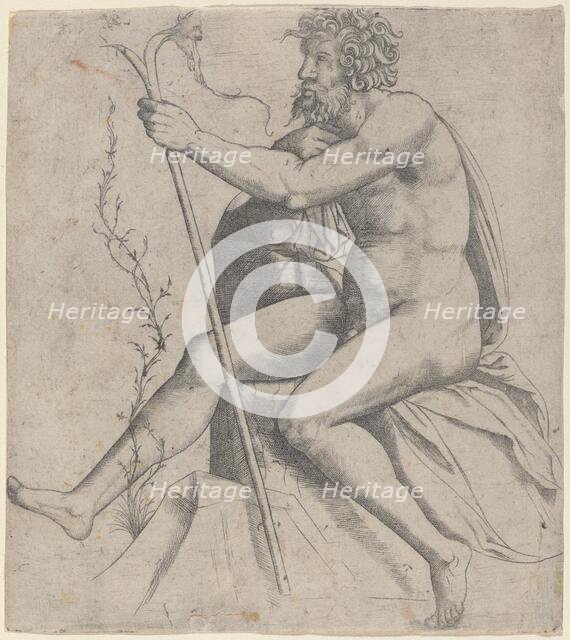 Man Seated Holding a Forked Staff, c. 1514/1515. Creator: Giovanni Antonio da Brescia.