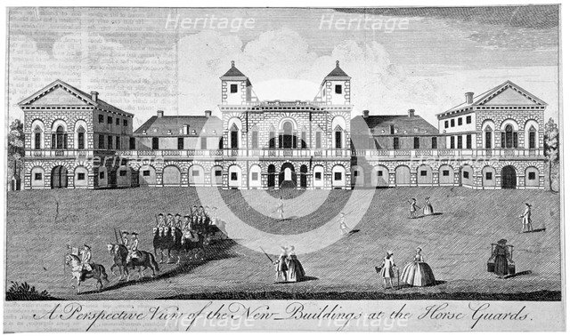 The parade at Horse Guards, Westminster, London, 1752.                                      Artist: Anon