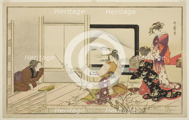 Preparing Food for a Nightingale, from the illustrated kyoka anthology "Men's Stamping..., 1798. Creator: Kitagawa Utamaro.