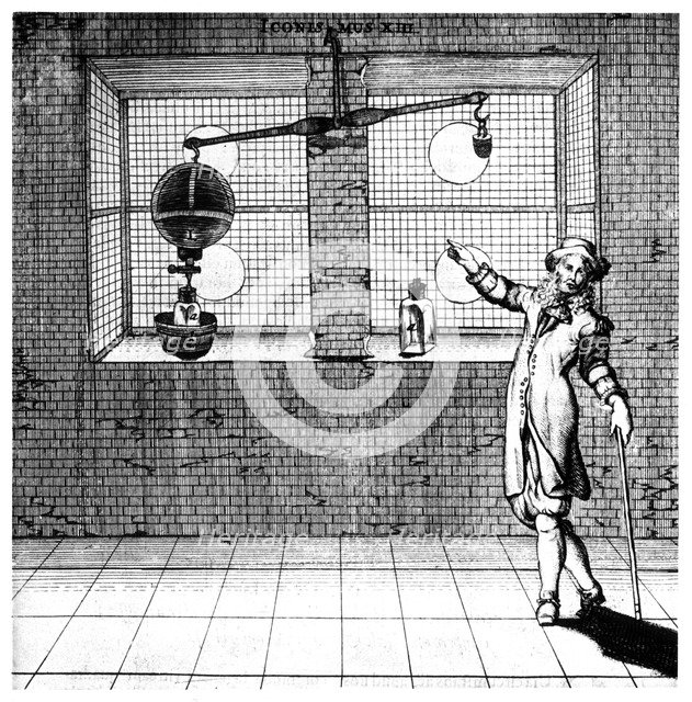 Experiment designed to show that air has weight, 1672. Artist: Unknown