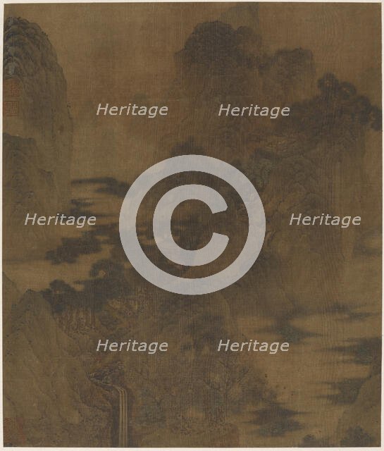 Landscape: mountain gorge, mist, a brook, and buildings, Ming dynasty, 17th century. Creator: Zhang Hong.