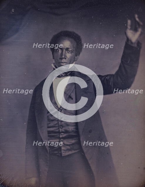 Edward J. Roye, three-quarter length portrait, standing, with hand raised, between 1856 and 1858. Creator: Augustus Washington.