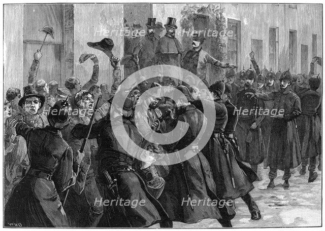 Outside the National Rent Office after the arrest of O'Brien and Dillon, Loughrea, Ireland, 1887. Artist: Unknown