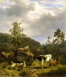 Forest Landscape with a Shepherd Boy and Cattle, 1856. Creator: Nils Andersson.