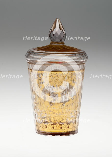 Covered Beaker with Coat of Arms and Hunting Scene, Bohemia, c. 1730. Creator: Bohemia Glass.