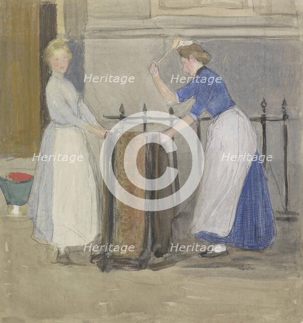 Two maids airing a mat in front of a town hall, 1874-1927. Creator: Johan Antonie de Jonge.