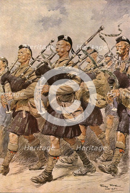 ''Les joueurs de cornemuse du "Sutherland Highlanders"', 1915. Creator: Georges Bertin Scott.