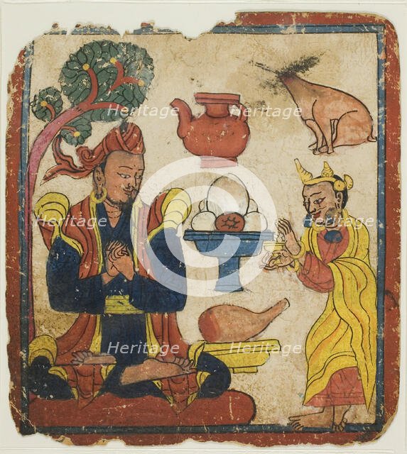 King Mangkur Nourished by Queen Devika, from a Set of Initiation Cards (Tsakali), 14th/15th century. Creator: Unknown.
