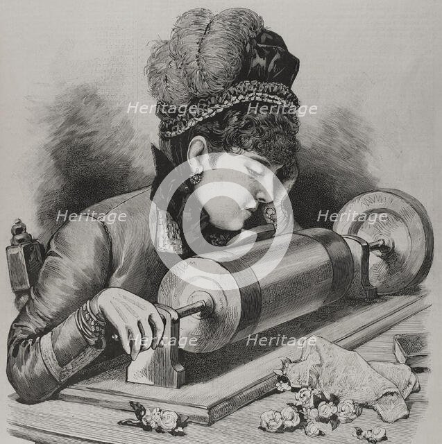 A "prima donna" singing by using Edison's phonograph receiver, 1878. Creator: Unknown.