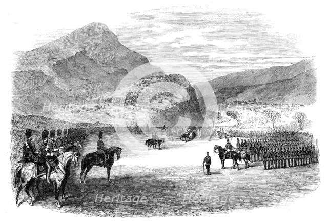 Lady Belhaven presenting new colours to the 26th Regiment (Cameronians) at the..., 1862. Creator: Unknown.