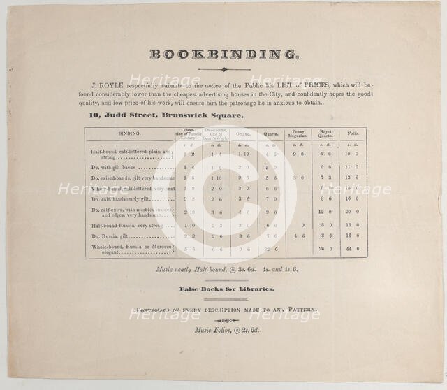 Trade card for J. Royle, bookbinder, 19th century. Creator: Anon.