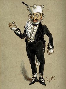 A theatrical figure in a tuxedo wearing a pestle and mortar as a hat..., 1870s. Creator: Archibald Chasemore.