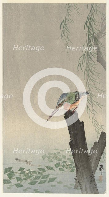 Kingfisher on tree stump. Creator: Ohara, Koson (1877-1945).