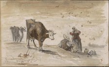 Cows and figures on a hill, 1864-1880. Creator: Johannes Tavenraat.