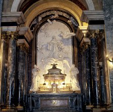 Interior of the chapel of San Pedro de Alcantara, altar with the urn which hold the remains of th…