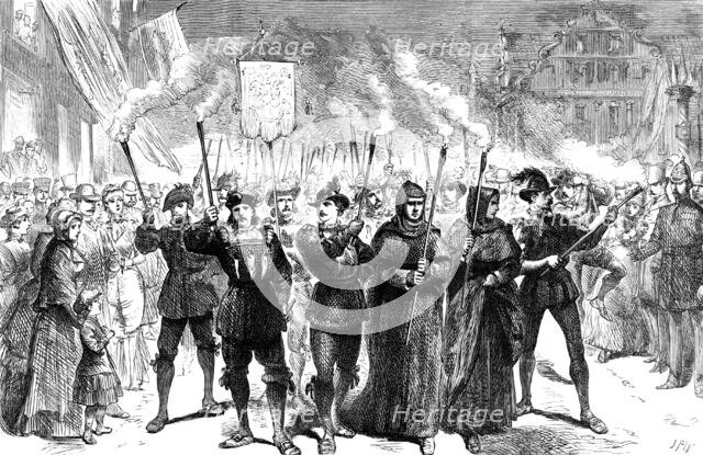 Torch procession at Wittenberg...anniversary of Luther's...theses on the church door in 1517, (1883) Creator: Unknown.