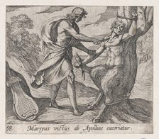 Plate 58: Apollo Killing Marsyas (Marsyas victus ab Apolline excoriatur), from Ovid's 'Met..., 1606. Creator: Antonio Tempesta.