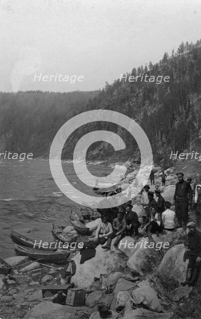 A Group of Topographers After Unloading Boats for Detouring the Mrassu River Rapid, 1913. Creator: GI Ivanov.