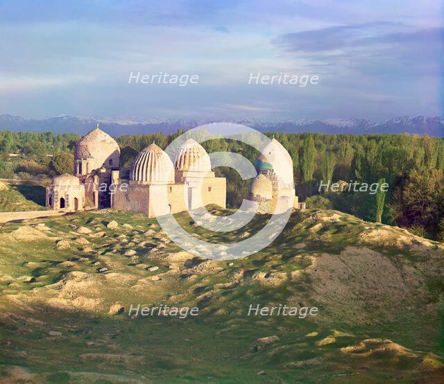 General view of the Shakh-i Zindeh mosque (evening photo), Samarkand, between 1905 and 1915. Creator: Sergey Mikhaylovich Prokudin-Gorsky.