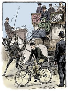 Cyclist in busy London traffic riding a machine of the Rover safety type, 1895. Artist: Stephen T Dadd.