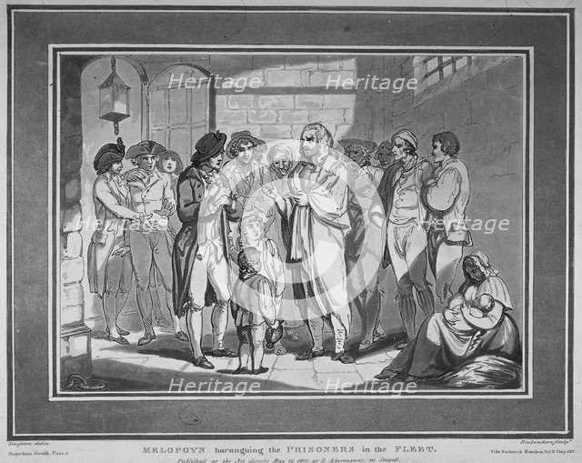 'Melopoyn haranguing the prisoners in the Fleet', 1800. Artist: Thomas Rowlandson