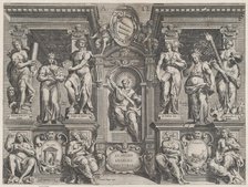 Allegorical thesis print with various figures, set in an architectural structure, 1608. Creator: Philippe Thomassin.