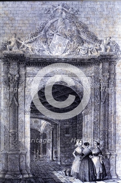 Door of the old house Gralla in Portaferrisa street in Barcelona, ??engraving by F.X. Parcerisa, …