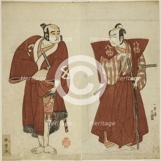 The Actors Onoe Matsusuke I as Yawata no Saburo (right), and Otani Tomoemon I as the..., c. 1772. Creator: Shunsho.