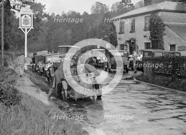 Riley Brooklands outside the Stonor Arms Hotel, Henley-on-Thames, Inter-Varsity Trial, 1930. Artist: Bill Brunell.