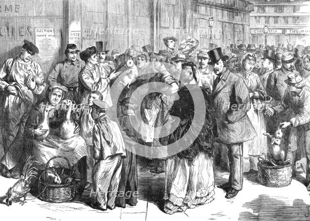 Relief of Paris: venders of poultry and rabbits – scene near the rue Lafayette, 1871. Creator: Unknown.