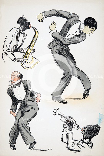 Two men in suits dancing while two musicians play the saxophone and trumpet, from 'White Bottoms' pu