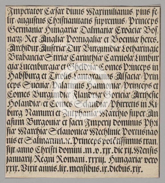 Titles of Emperor Maximilian, from Historical Scenes from the Life of Emperor..., printed c. 1520. Creator: Benedictus Chelidonius.