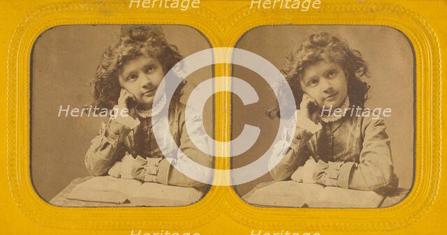 Little girl seated with hand on cheek, open book in front of her, 1855-1860. Creator: Unknown.