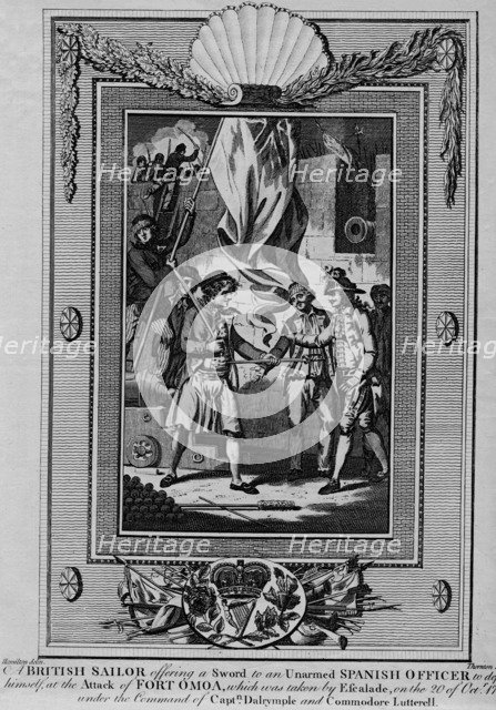 'A British Sailor offering a Sword to an unarmed Spanish Officer to defend himself, at the Attack of Artist: William Thornton.