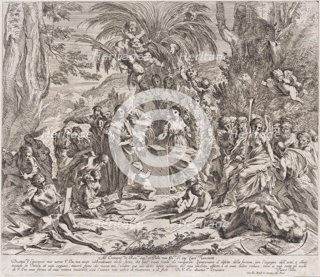 An allegory of painting, who as a child in the centre left draws on a tablet, surrounde..., 1637-38. Creator: Pietro Testa.