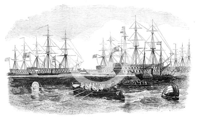 The Grand Naval Review, at Spithead: The Fleet from the South - sketched by J. W. Carmichael, 1856.  Creator: Unknown.