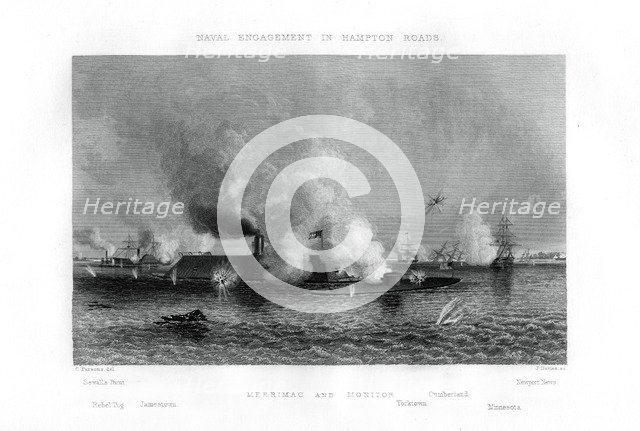 Battle of the 'Monitor' and the 'Merrimack', Hampton Roads, Virginia, 9 March 1862 (1862-1867).Artist: J Davies