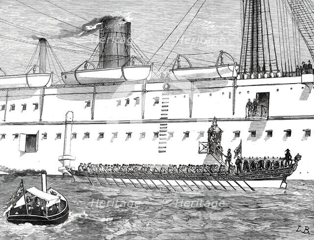 The King and Queen of Portugal going on board the Serapis in their State Barge...1876. Creator: L.B..