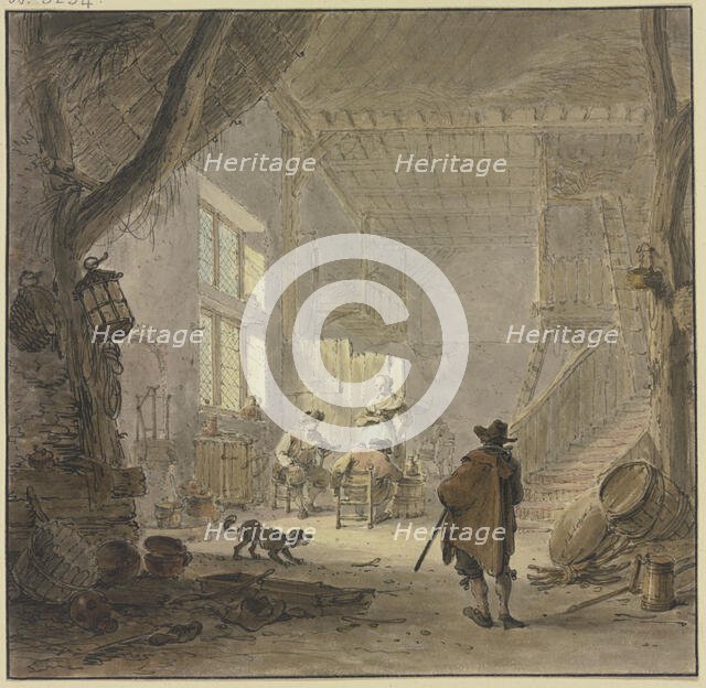 The interior of a house, two men and a woman at the window, a man seen from behind in the foreground Creator: Hendrik Meijer.
