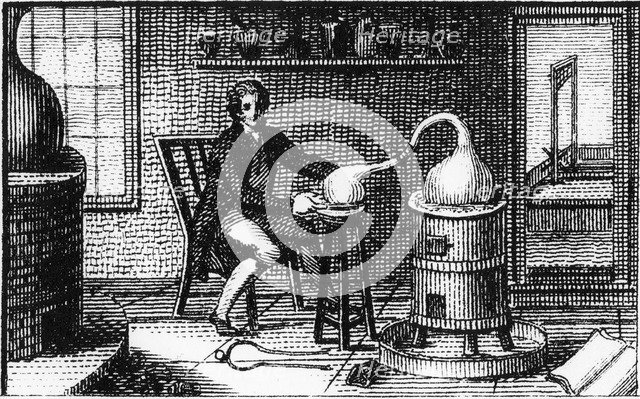 Antoine Laurent Lavoisier, 18th century French chemist, in his laboratory, 1814. Artist: Unknown