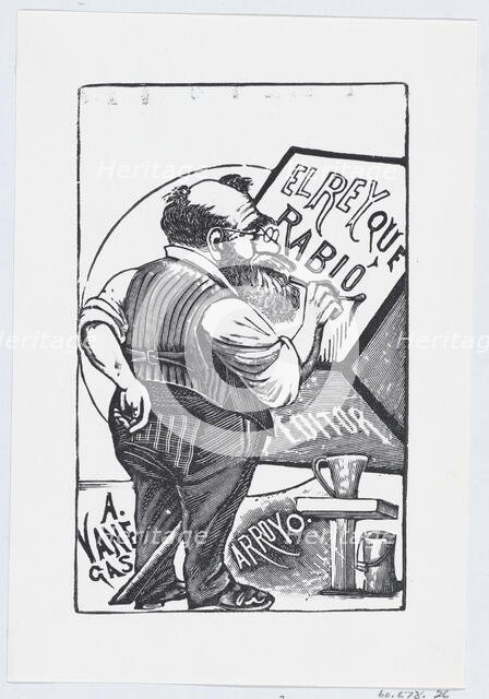 An old man with spectacles and one hand behind his back painting on a wooden bloc..., ca. 1880-1910. Creator: José Guadalupe Posada.