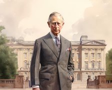 AI Image - Portrait of King Charles III standing in front of Buckingham Palace, 2023. Creator: Heritage Images.
