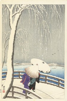 In the snow at Yanagibashi, 1927. Creator: Ohara, Koson (1877-1945).