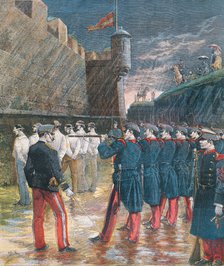 Execution by firing squad in the moats of the Castle of Montjuic, six anarchists participants in …