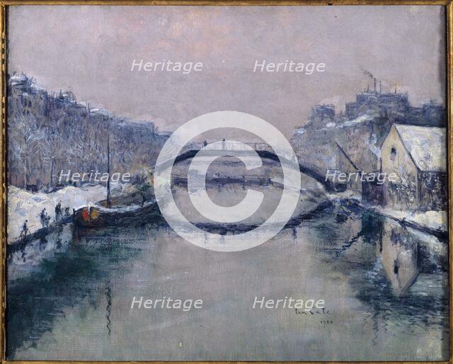 Saint-Martin canal; in snow, 10th arrondissement, 1908. Creator: Siebe Johannes ten Cate.