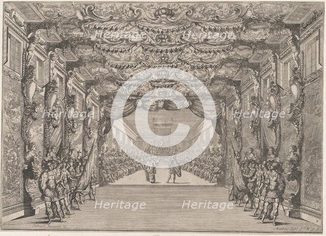The Roman curia with guards in the anteroom; set design from 'Il Fuoco Eterno', 1674. Creator: Mathäus Küsel.