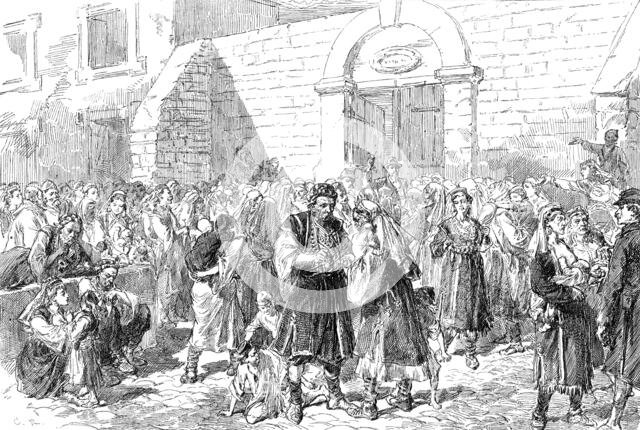 Distributing Charitable Funds to the Herzegovinian Refugees at Ragusa...1876. Creator: Unknown.