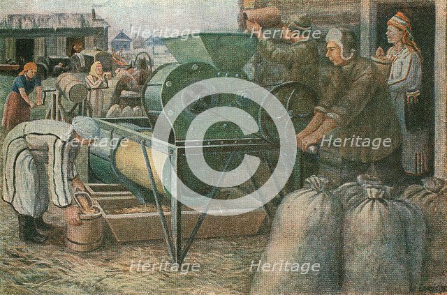 'The Fight for the Harvest': sorting of seeds in a Mordva collective farm, 1933. Artist: Unknown