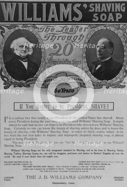 Williams' shaving soap: The leader through 20 administrations, 1901. Creator: Unknown.