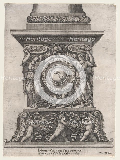 Speculum Romanae Magnificentiae: The Base of the Column of Theodosius, 16th century., 16th century. Creator: School of Marcantonio Raimondi.
